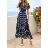 imagePRETTYGARDEN Womens Boho Floral Maxi Dress Summer Short Sleeve Wrap V Neck Long Flowy Beach Vacation Wedding Guest DressesDot Navy White