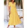 imagePRETTYGARDEN Womens Boho Floral Maxi Dress Summer Short Sleeve Wrap V Neck Long Flowy Beach Vacation Wedding Guest DressesDot Yellow White