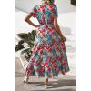 imagePRETTYGARDEN Womens Boho Floral Maxi Dress Summer Short Sleeve Wrap V Neck Long Flowy Beach Vacation Wedding Guest DressesRed Blue Floral