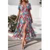imagePRETTYGARDEN Womens Boho Floral Maxi Dress Summer Short Sleeve Wrap V Neck Long Flowy Beach Vacation Wedding Guest DressesRed Blue Floral