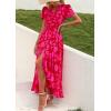 imagePRETTYGARDEN Womens Boho Floral Maxi Dress Summer Short Sleeve Wrap V Neck Long Flowy Beach Vacation Wedding Guest DressesRed Floral