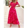imagePRETTYGARDEN Womens Boho Floral Maxi Dress Summer Short Sleeve Wrap V Neck Long Flowy Beach Vacation Wedding Guest DressesRed Floral