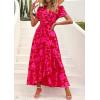 imagePRETTYGARDEN Womens Boho Floral Maxi Dress Summer Short Sleeve Wrap V Neck Long Flowy Beach Vacation Wedding Guest DressesRed Floral