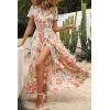 imagePRETTYGARDEN Womens Boho Floral Maxi Dress Summer Short Sleeve Wrap V Neck Long Flowy Beach Vacation Wedding Guest DressesWhite Floral