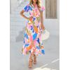 imagePRETTYGARDEN Womens Boho Floral Maxi Dress Summer Short Sleeve Wrap V Neck Long Flowy Beach Vacation Wedding Guest DressesWhite Multicolored