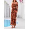 imagePRETTYGARDEN Womens Formal Cocktail Maxi Dresses 2026 Summer Off Shoulder Floral Mesh Bodycon Spring Wedding Guest DressFloral Brown