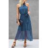 imagePRETTYGARDEN Womens Halter Neck Floral Long Maxi Dress Casual Sleeveless Backless Dresses Loose Ruffle Sundress with BeltSolid Grey Blue