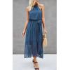imagePRETTYGARDEN Womens Halter Neck Floral Long Maxi Dress Casual Sleeveless Backless Dresses Loose Ruffle Sundress with BeltSolid Grey Blue