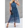 imagePRETTYGARDEN Womens Halter Neck Floral Long Maxi Dress Casual Sleeveless Backless Dresses Loose Ruffle Sundress with BeltSolid Grey Blue