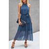 imagePRETTYGARDEN Womens Halter Neck Floral Long Maxi Dress Casual Sleeveless Backless Dresses Loose Ruffle Sundress with BeltSolid Grey Blue