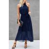imagePRETTYGARDEN Womens Halter Neck Floral Long Maxi Dress Casual Sleeveless Backless Dresses Loose Ruffle Sundress with BeltSolid Navy