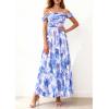 imagePRETTYGARDEN Womens Off Shoulder Maxi Summer Dresses 2026 Elegant Mesh Aline Swing Ruched Flowy Cocktail Wedding Guest DressFloral Blue Pink