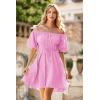 imagePRETTYGARDEN Womens Off The Shoulder Babydoll Dress Short Puff Sleeve Casual A Line Ruffle Summer Dresses Solid PinkSmall