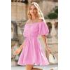 imagePRETTYGARDEN Womens Off The Shoulder Babydoll Dress Short Puff Sleeve Casual A Line Ruffle Summer Dresses Solid PinkSmall