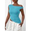 imagePRETTYGARDEN Womens Off The Shoulder Y2K Tops 2026 Summer Sleeveless Asymmetrical Ruched Going Out Tank Top Fashion ClothingAqua Blue