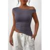 imagePRETTYGARDEN Womens Off The Shoulder Y2K Tops 2026 Summer Sleeveless Asymmetrical Ruched Going Out Tank Top Fashion ClothingDark Grey