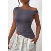 imagePRETTYGARDEN Womens Off The Shoulder Y2K Tops 2026 Summer Sleeveless Asymmetrical Ruched Going Out Tank Top Fashion ClothingDark Grey