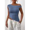 imagePRETTYGARDEN Womens Off The Shoulder Y2K Tops 2026 Summer Sleeveless Asymmetrical Ruched Going Out Tank Top Fashion ClothingGrey Blue