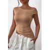imagePRETTYGARDEN Womens Off The Shoulder Y2K Tops 2026 Summer Sleeveless Asymmetrical Ruched Going Out Tank Top Fashion ClothingKhaki