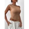 imagePRETTYGARDEN Womens Off The Shoulder Y2K Tops 2026 Summer Sleeveless Asymmetrical Ruched Going Out Tank Top Fashion ClothingKhaki