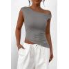 imagePRETTYGARDEN Womens Off The Shoulder Y2K Tops 2026 Summer Sleeveless Asymmetrical Ruched Going Out Tank Top Fashion ClothingLight Grey