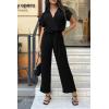imagePRETTYGARDEN Womens One Piece Jumpsuits Dressy Casual Summer Short Sleeve Wrap V Neck Wide Leg Pants Romper Spring ClothesBlack
