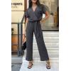 imagePRETTYGARDEN Womens One Piece Jumpsuits Dressy Casual Summer Short Sleeve Wrap V Neck Wide Leg Pants Romper Spring ClothesDark Grey