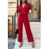 imagePRETTYGARDEN Womens One Piece Jumpsuits Dressy Casual Summer Short Sleeve Wrap V Neck Wide Leg Pants Romper Spring ClothesRed