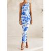imagePRETTYGARDEN Womens One Shoulder Bodycon Dresses Summer 2026 Ruched Floral Beach Cocktail Wedding Guest DressBlue