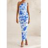 imagePRETTYGARDEN Womens One Shoulder Bodycon Dresses Summer 2026 Ruched Floral Beach Cocktail Wedding Guest DressBlue