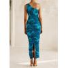 imagePRETTYGARDEN Womens One Shoulder Bodycon Dresses Summer 2026 Ruched Floral Beach Cocktail Wedding Guest DressLake Blue Floral