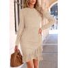 imagePRETTYGARDEN Womens Spring Fall Ruched Bodycon Mini Dress Long Puff Sleeve Ruffle Fitted Cocktail Party DressesBeige