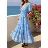 imagePRETTYGARDEN Womens Summer Boho Maxi Dress 2026 Trendy Short Sleeve V Neck Flowy Beach Floral Dresses with PocketsSky Blue