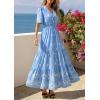 imagePRETTYGARDEN Womens Summer Boho Maxi Dress 2026 Trendy Short Sleeve V Neck Flowy Beach Floral Dresses with PocketsSky Blue