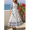 imagePRETTYGARDEN Womens Summer Boho Maxi Dress 2026 Trendy Short Sleeve V Neck Flowy Beach Floral Dresses with PocketsWhite Blue Flower