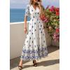 imagePRETTYGARDEN Womens Summer Boho Maxi Dress 2026 Trendy Short Sleeve V Neck Flowy Beach Floral Dresses with PocketsWhite Blue Flower