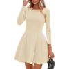 imagePRETTYGARDEN Long Sleeve Mini Dress for Women 2026 Spring Crewneck Knit Pleated Babydoll A Line Casual Short Party DressesBeige