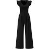 imagePRETTYGARDEN One Piece Jumpsuits For Women Dressy Ruffle Cap Sleeve V Neck Ribbed Knit Wide Leg Romper Casual Spring OutfitsBlack