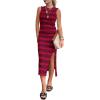 imagePRETTYGARDEN Summer Dresses for Women 2026 Casual Sleeveless Hollow Out Knit Side Slit Striped Beach Vacation Midi DressWine Red