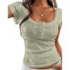imagePRETTYGARDEN Summer Tops for Women 2026 Short Sleeve Lace Trim Slim Fitted Henley Tee Shirts Y2K Fashion ClothingSage Green