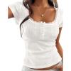 imagePRETTYGARDEN Summer Tops for Women 2026 Short Sleeve Lace Trim Slim Fitted Henley Tee Shirts Y2K Fashion ClothingWhite