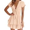 imagePRETTYGARDEN Women Summer Short Dress 2026 Casual V Neck Short Sleeve Tiered Bow Mini Sun Dresses Beach Vacation SundressApricot