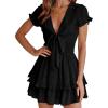 imagePRETTYGARDEN Women Summer Short Dress 2026 Casual V Neck Short Sleeve Tiered Bow Mini Sun Dresses Beach Vacation SundressBlack