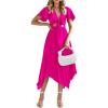 imagePRETTYGARDEN Womens 2023 Satin Summer Dress Short Sleeve V Neck Tie Front Cutout Pleated A Line Midi Dresses Rose RedXXLarge