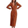 imagePRETTYGARDEN Womens 2024 Fall Maxi Dress Long Sleeve Deep V Neck Ruched Slit Casual Formal Elegant Party Cocktail Dresses Brick RedLarge