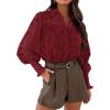 imagePRETTYGARDEN Womens Fall Button Down Shirts Dressy Casual Spring Long Puff Sleeve Eyelet Loose Fit Collared Blouse TopWine Red
