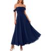 imagePRETTYGARDEN Womens Off Shoulder Maxi Summer Dresses 2026 Elegant Mesh Aline Swing Ruched Flowy Cocktail Wedding Guest DressNavy