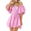 imagePRETTYGARDEN Womens Off The Shoulder Babydoll Dress Short Puff Sleeve Casual A Line Ruffle Summer Dresses Solid PinkSmall
