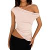 imagePRETTYGARDEN Womens Off The Shoulder Y2K Tops 2026 Summer Sleeveless Asymmetrical Ruched Going Out Tank Top Fashion ClothingBeige