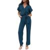 imagePRETTYGARDEN Womens One Piece Jumpsuits Dressy Casual Summer Short Sleeve Wrap V Neck Wide Leg Pants Romper Spring ClothesDark Blue
